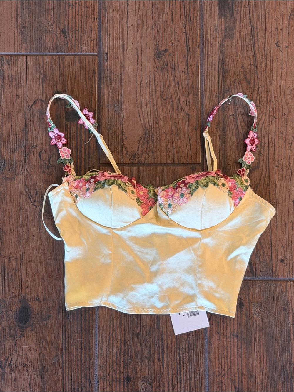 Embroidered Floral Satin Bustier Crop Top - Yellow